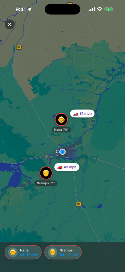 The AIO Weather family map showing family members and their local weather